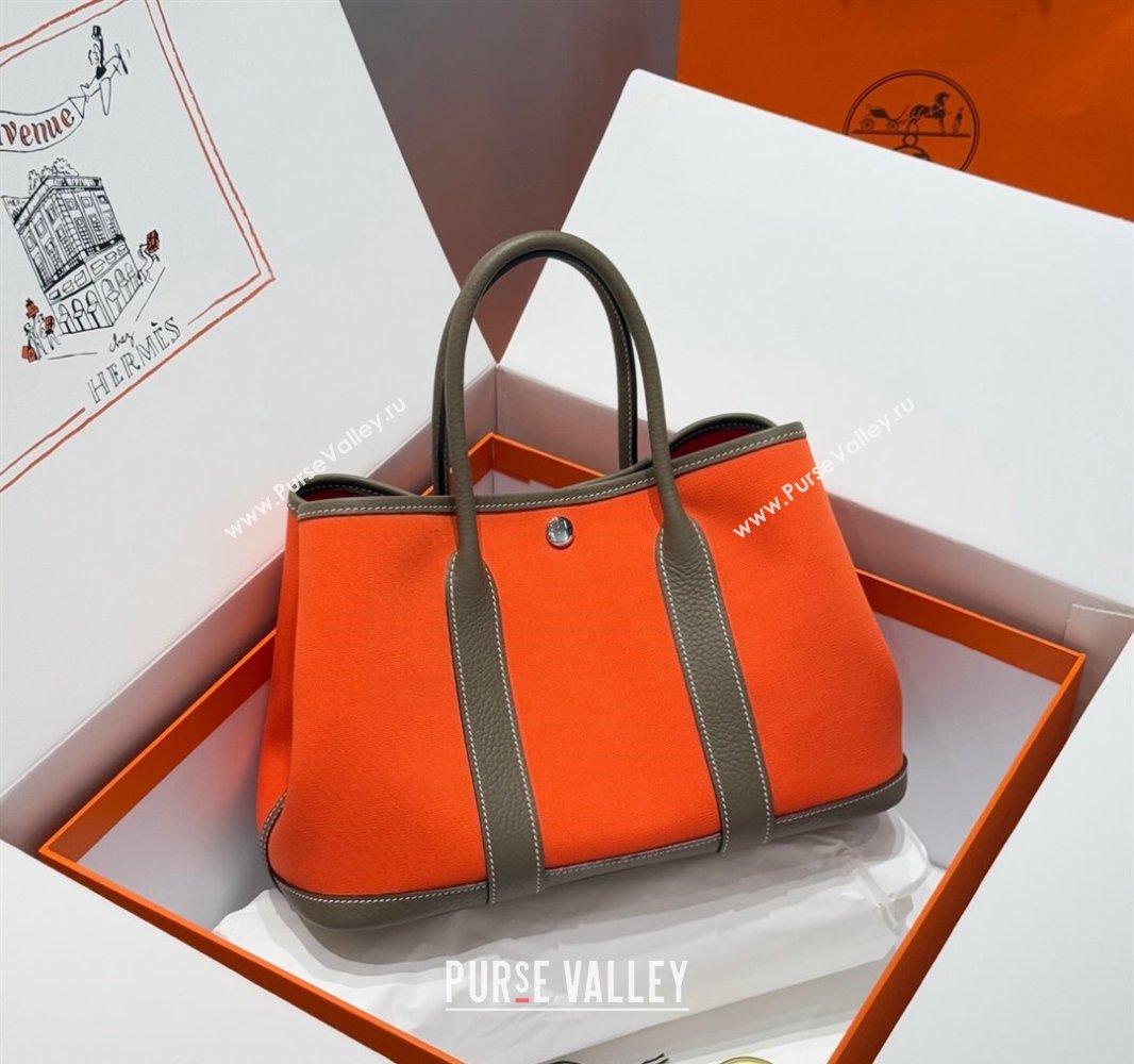 Hermes Garden Party Bag 30cm in Canvas and Grained Leather Elephant Grey/Orange 2025 (Half Handmade) (FL-250522082)