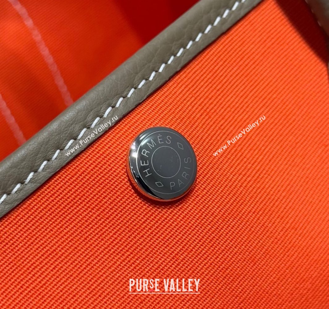 Hermes Garden Party Bag 30cm in Canvas and Grained Leather Elephant Grey/Orange 2025 (Half Handmade) (FL-250522082)
