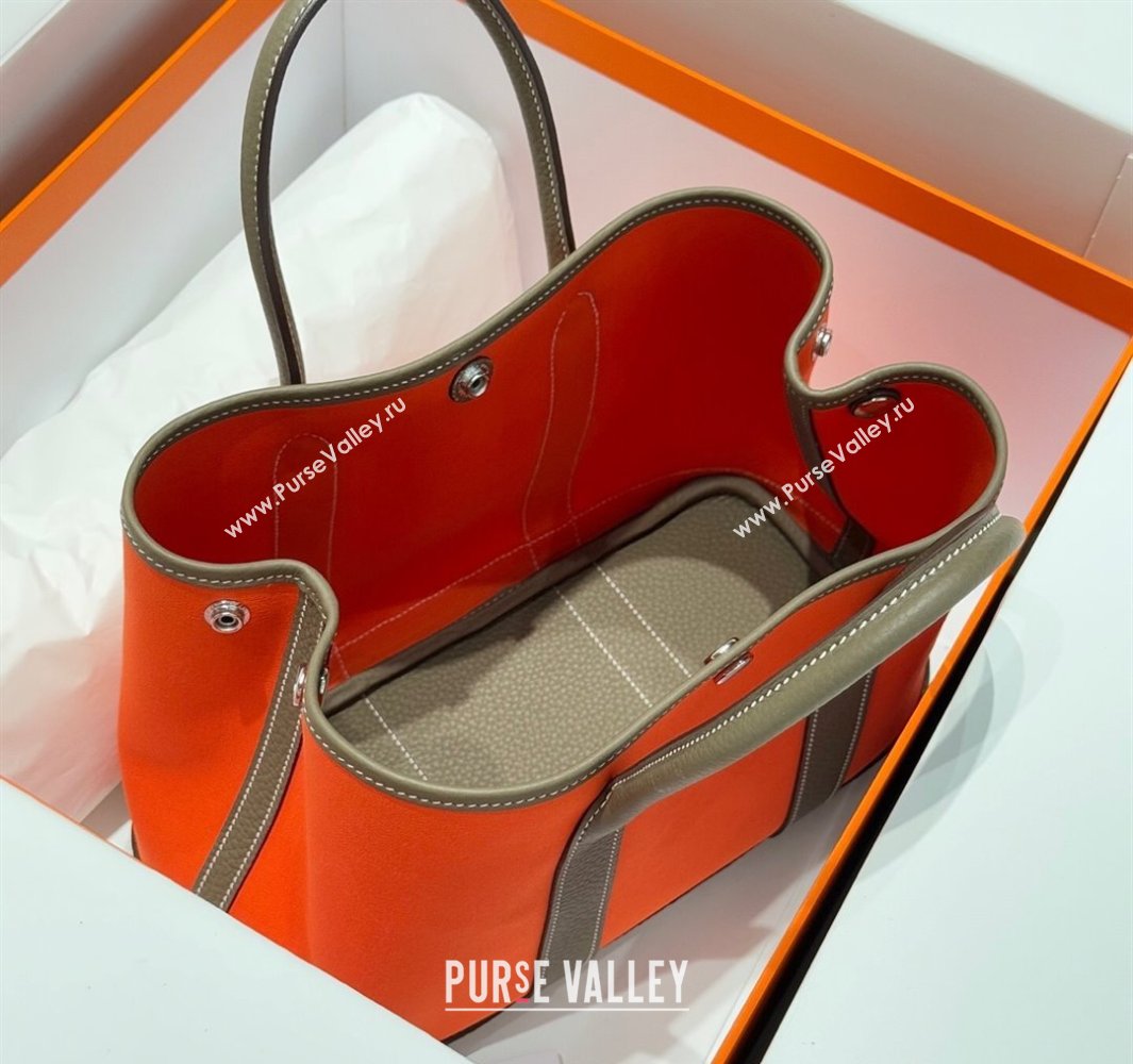 Hermes Garden Party Bag 30cm in Canvas and Grained Leather Elephant Grey/Orange 2025 (Half Handmade) (FL-250522082)