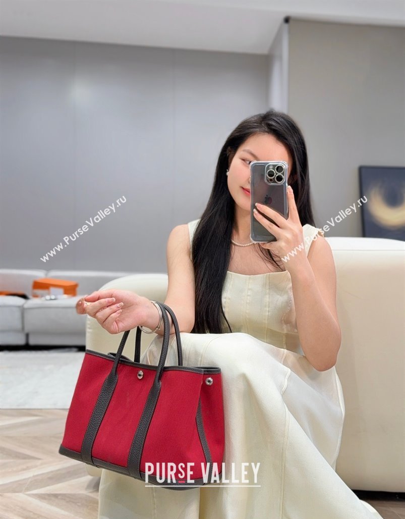 Hermes Garden Party Bag 30cm in Canvas and Grained Leather Hermes Red/Ebony 2025 (Half Handmade) (FL-250522083)