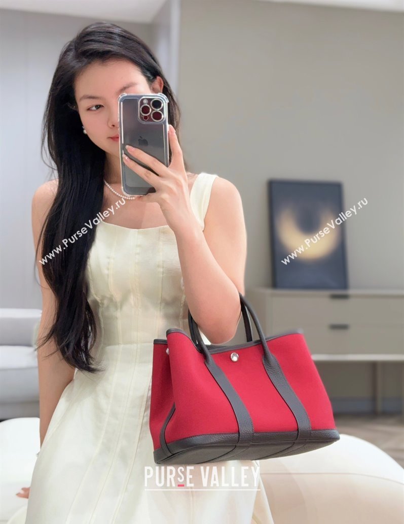 Hermes Garden Party Bag 30cm in Canvas and Grained Leather Hermes Red/Ebony 2025 (Half Handmade) (FL-250522083)