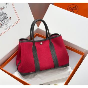 Hermes Garden Party Bag 30cm in Canvas and Grained Leather Hermes Red/Ebony 2025 (Half Handmade) (FL-250522083)