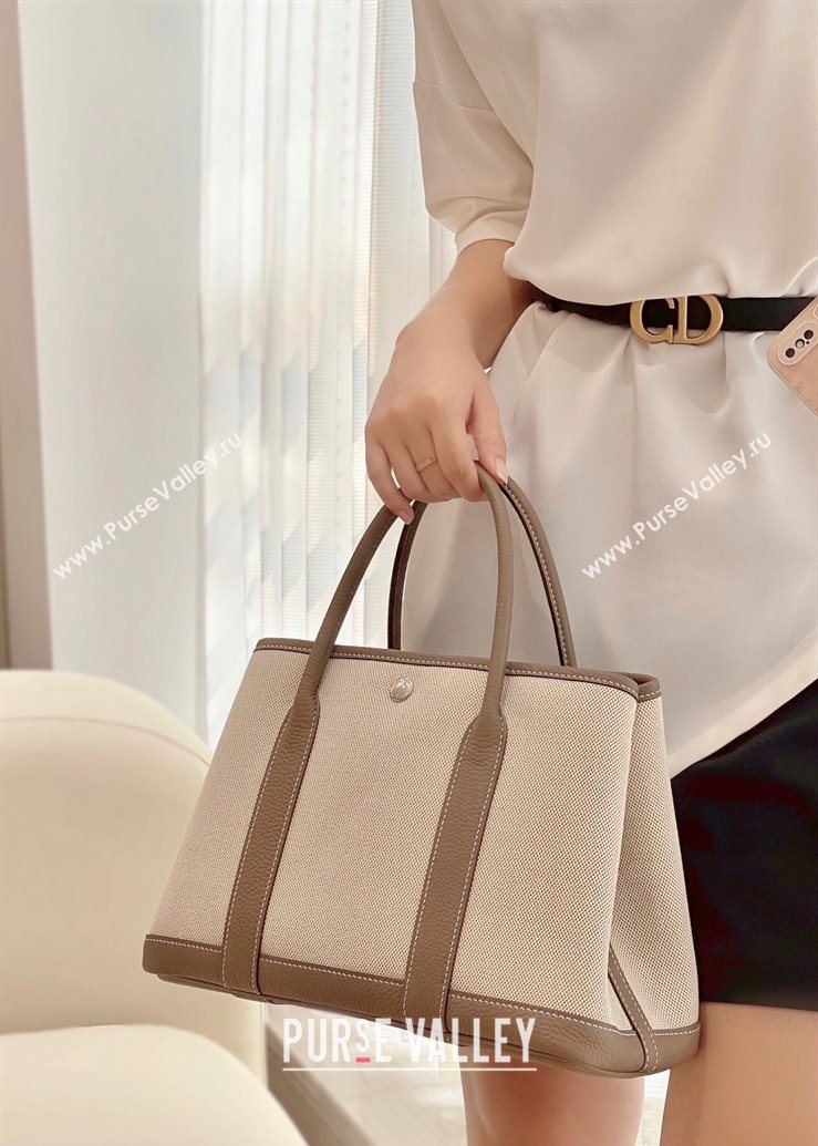 Hermes Garden Party Bag 30cm in Canvas and Grained Leather Beige/Elephant Grey 20250522 (FL-250522064)