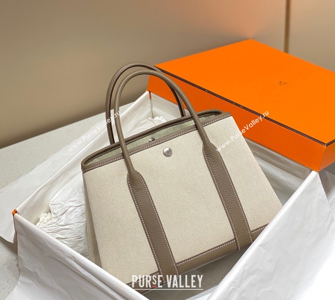 Hermes Garden Party Bag 30cm in Canvas and Grained Leather Beige/Elephant Grey 20250522 (FL-250522064)