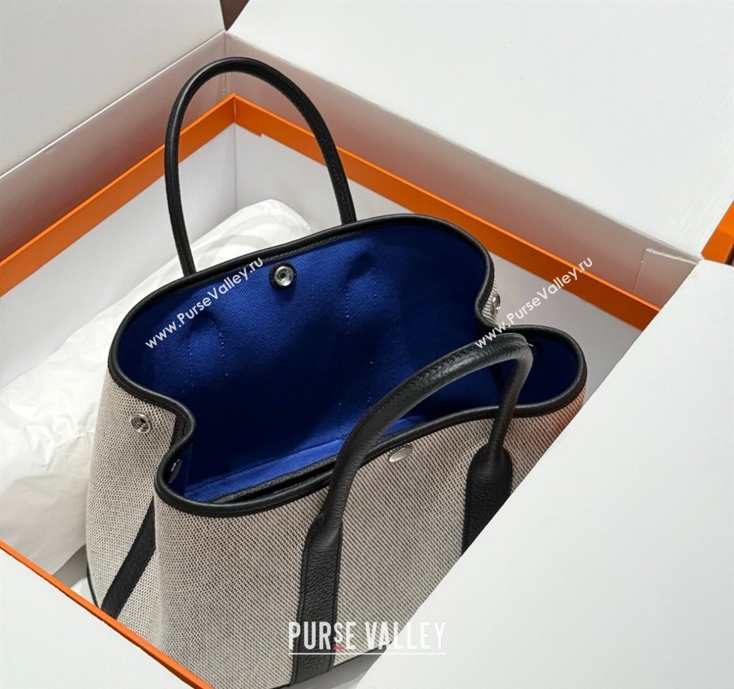 Hermes Garden Party Bag 30cm in Canvas and Grained Leather Grey/Black/Electric Blue 2025 (Half Handmade) (FL-250522070)