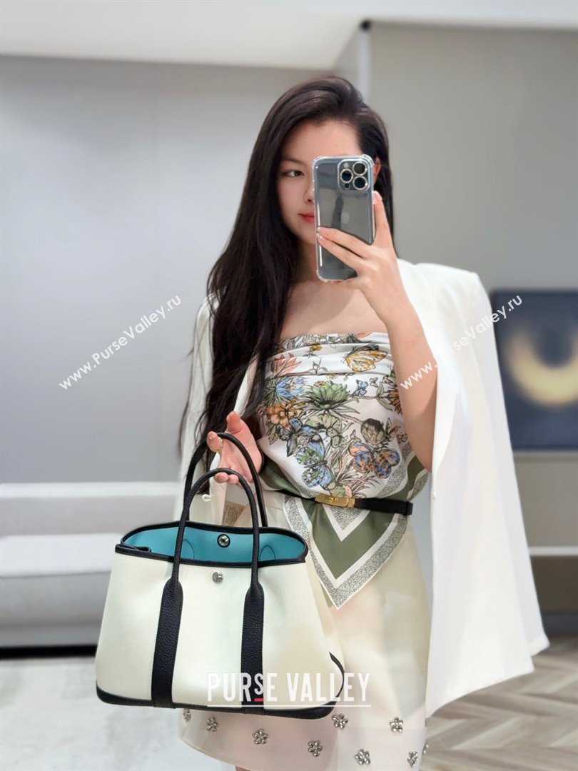Hermes Garden Party Bag 30cm in Canvas and Grained Leather Wool White/Black/Breeze Blue 2025 (Half Handmade) (FL-250522071)