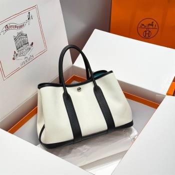 Hermes Garden Party Bag 30cm in Canvas and Grained Leather Wool White/Black/Breeze Blue 2025 (Half Handmade) (FL-250522071)