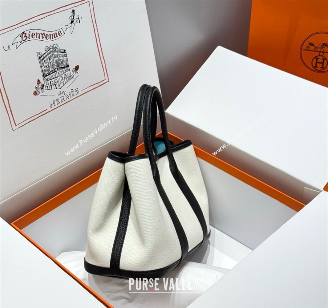 Hermes Garden Party Bag 30cm in Canvas and Grained Leather Wool White/Black/Breeze Blue 2025 (Half Handmade) (FL-250522071)