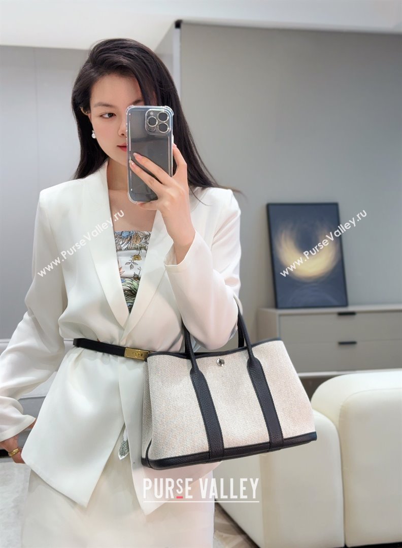 Hermes Garden Party Bag 30cm in Canvas and Grained Leather Grey/Black/Electric Blue 2025 (Half Handmade) (FL-250522070)