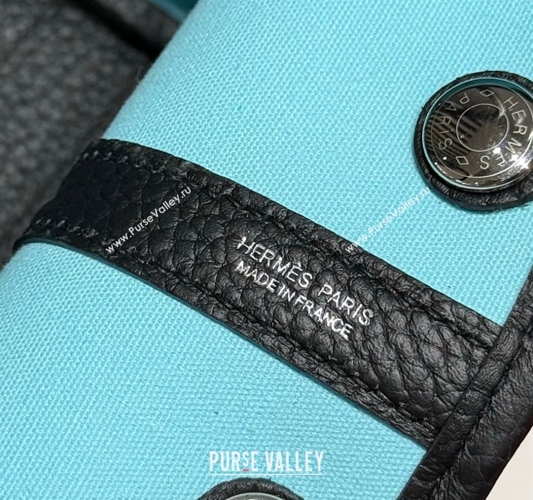 Hermes Garden Party Bag 30cm in Canvas and Grained Leather Wool White/Black/Breeze Blue 2025 (Half Handmade) (FL-250522071)