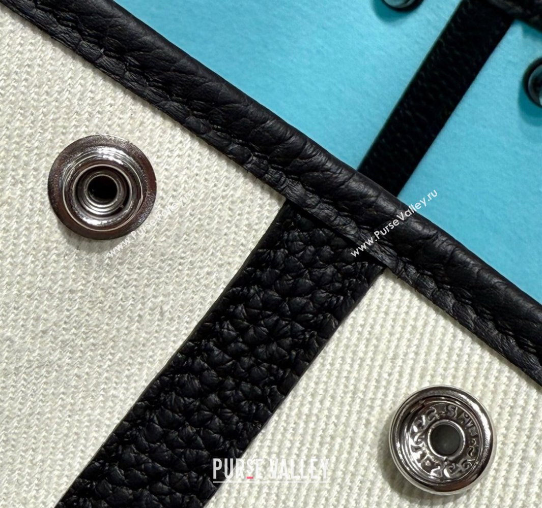 Hermes Garden Party Bag 30cm in Canvas and Grained Leather Wool White/Black/Breeze Blue 2025 (Half Handmade) (FL-250522071)