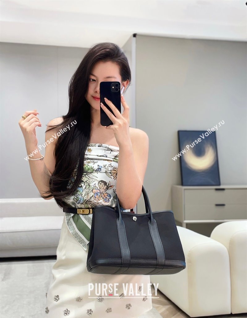 Hermes Garden Party Bag 30cm in Canvas and Grained Leather All Black 2025 (Half Handmade) (FL-250522072)