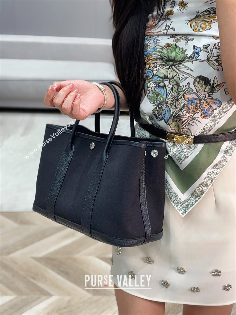 Hermes Garden Party Bag 30cm in Canvas and Grained Leather All Black 2025 (Half Handmade) (FL-250522072)