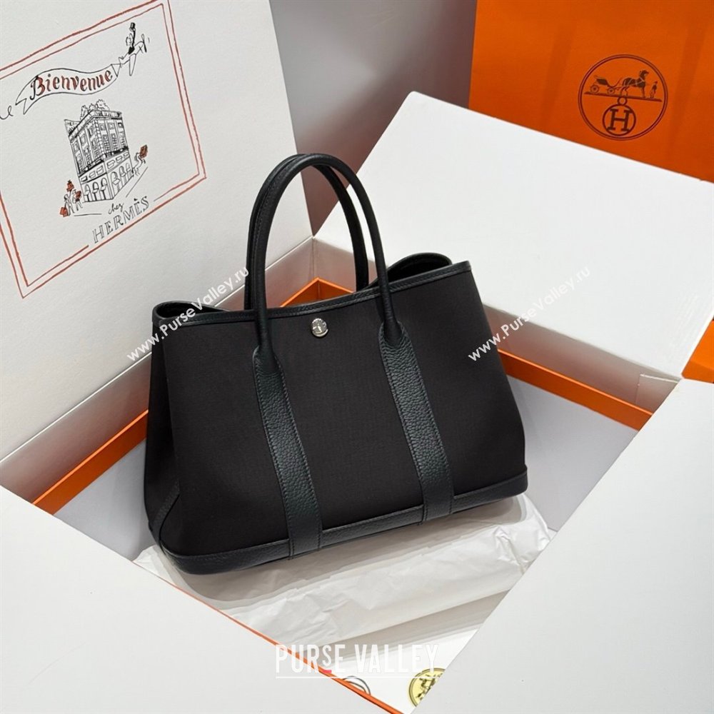 Hermes Garden Party Bag 30cm in Canvas and Grained Leather All Black 2025 (Half Handmade) (FL-250522072)
