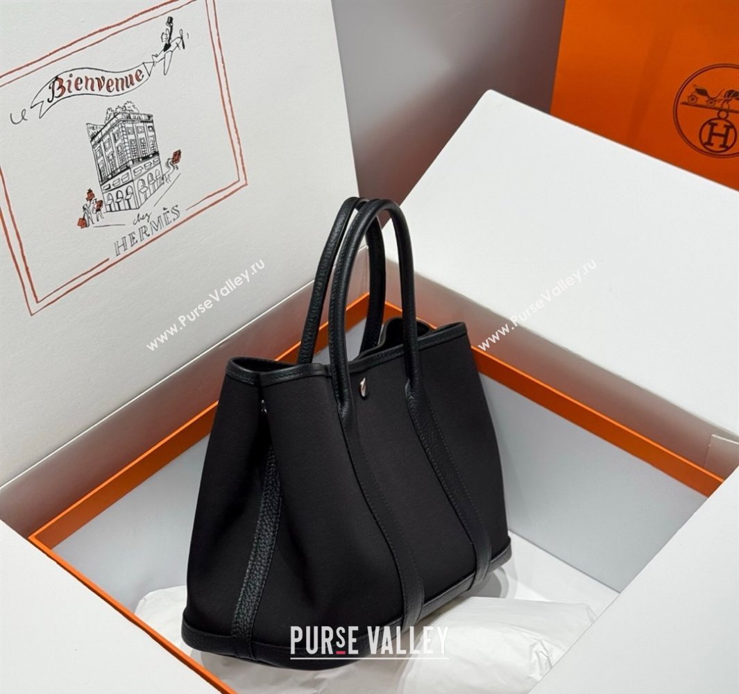 Hermes Garden Party Bag 30cm in Canvas and Grained Leather All Black 2025 (Half Handmade) (FL-250522072)