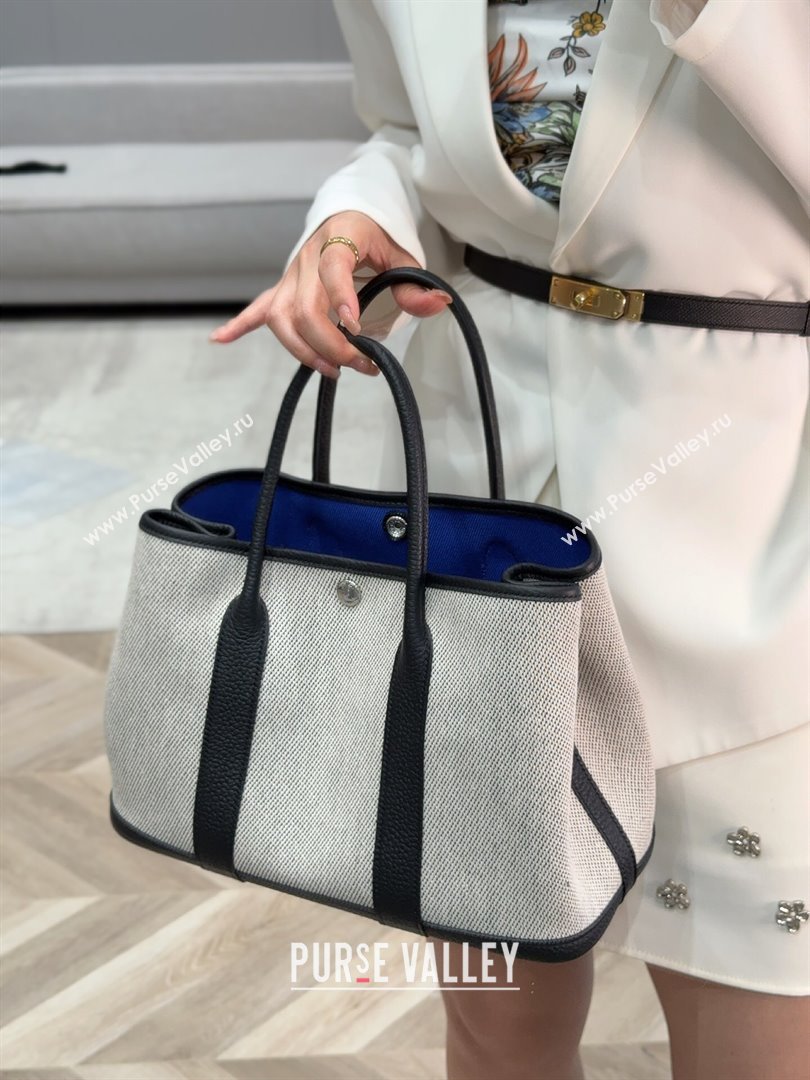 Hermes Garden Party Bag 30cm in Canvas and Grained Leather Grey/Black/Electric Blue 2025 (Half Handmade) (FL-250522070)