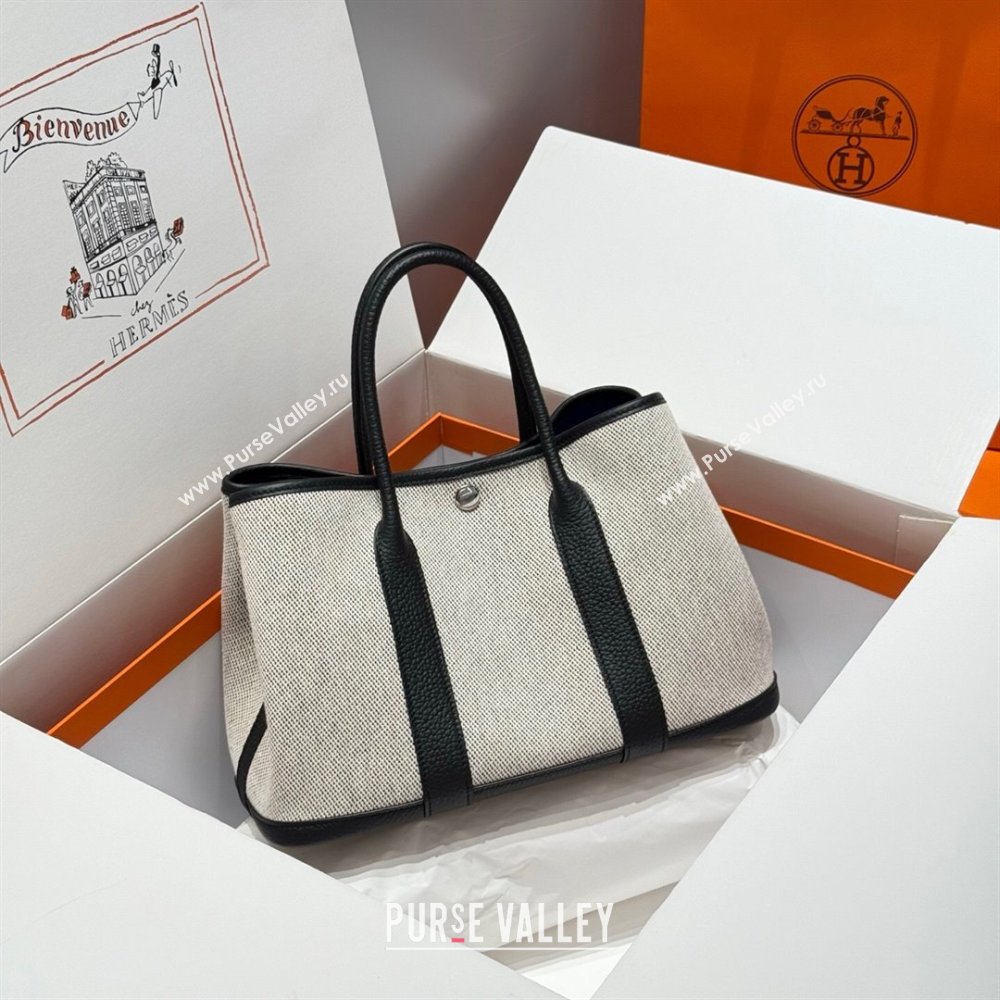 Hermes Garden Party Bag 30cm in Canvas and Grained Leather Grey/Black/Electric Blue 2025 (Half Handmade) (FL-250522070)