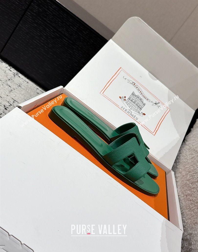 Hermes Classic Oran Flat Slides Sandal in Palm-Grained Leather Green 18 2025 0606 (MD-250606163)