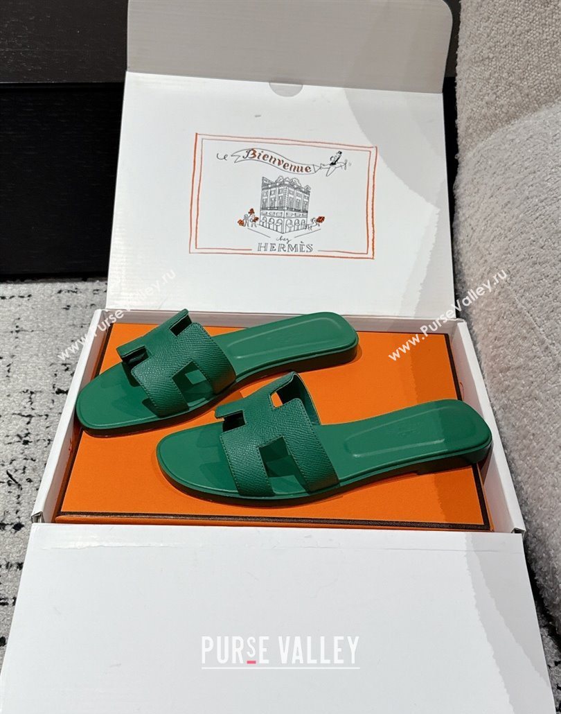 Hermes Classic Oran Flat Slides Sandal in Palm-Grained Leather Green 18 2025 0606 (MD-250606163)