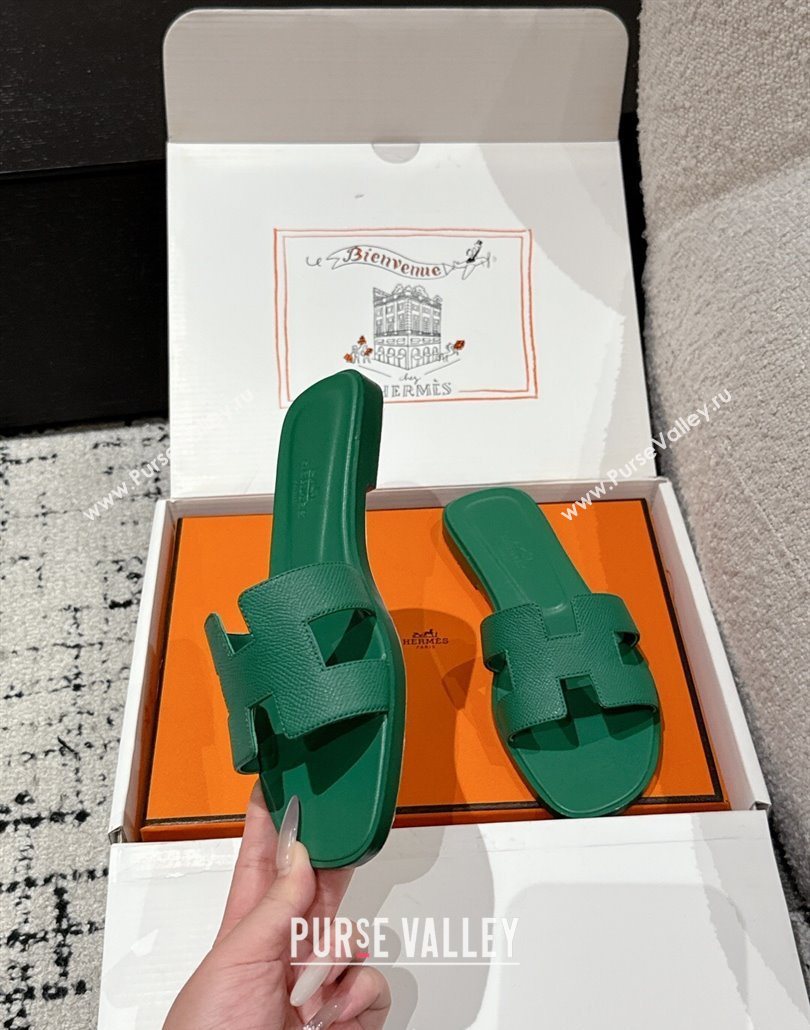 Hermes Classic Oran Flat Slides Sandal in Palm-Grained Leather Green 18 2025 0606 (MD-250606163)