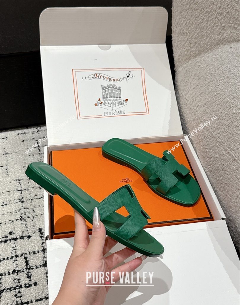 Hermes Classic Oran Flat Slides Sandal in Palm-Grained Leather Green 18 2025 0606 (MD-250606163)