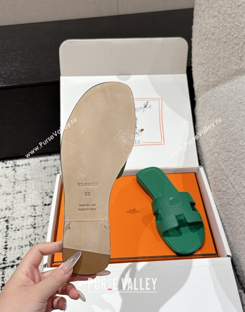 Hermes Classic Oran Flat Slides Sandal in Palm-Grained Leather Green 18 2025 0606 (MD-250606163)