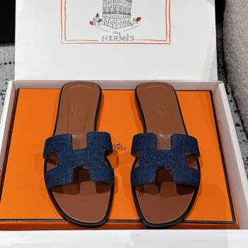 Hermes Classic Oran Flat Slides Sandal in Denim Navy Blue/Brown 2025 0606 (MD-250606173)