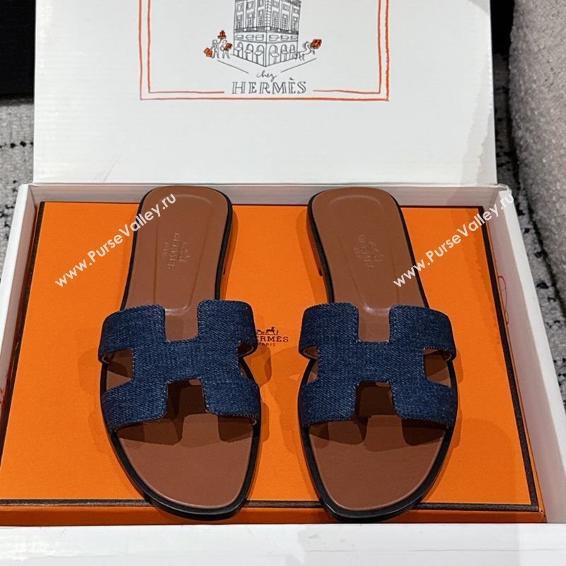 Hermes Classic Oran Flat Slides Sandal in Denim Navy Blue/Brown 2025 0606 (MD-250606173)