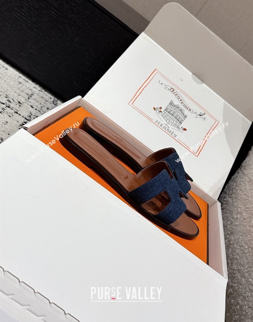 Hermes Classic Oran Flat Slides Sandal in Denim Navy Blue/Brown 2025 0606 (MD-250606173)