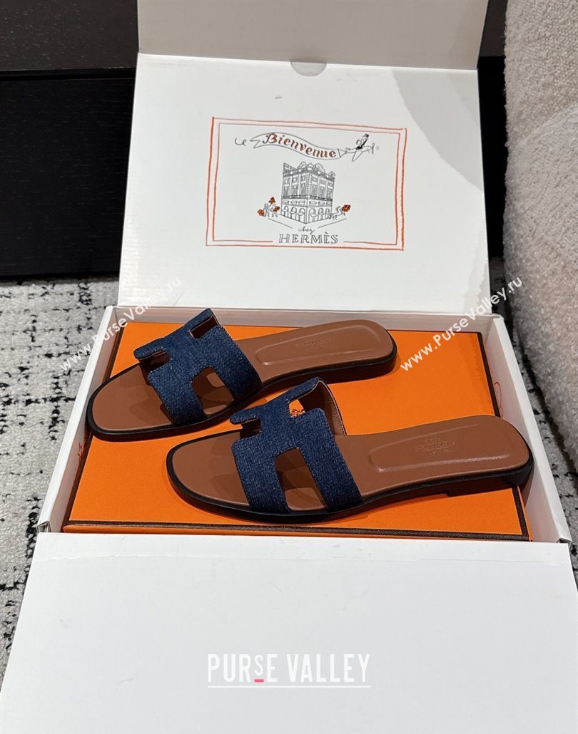 Hermes Classic Oran Flat Slides Sandal in Denim Navy Blue/Brown 2025 0606 (MD-250606173)