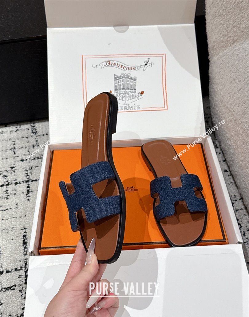 Hermes Classic Oran Flat Slides Sandal in Denim Navy Blue/Brown 2025 0606 (MD-250606173)