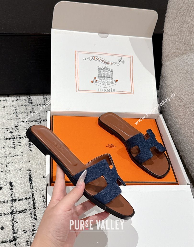 Hermes Classic Oran Flat Slides Sandal in Denim Navy Blue/Brown 2025 0606 (MD-250606173)