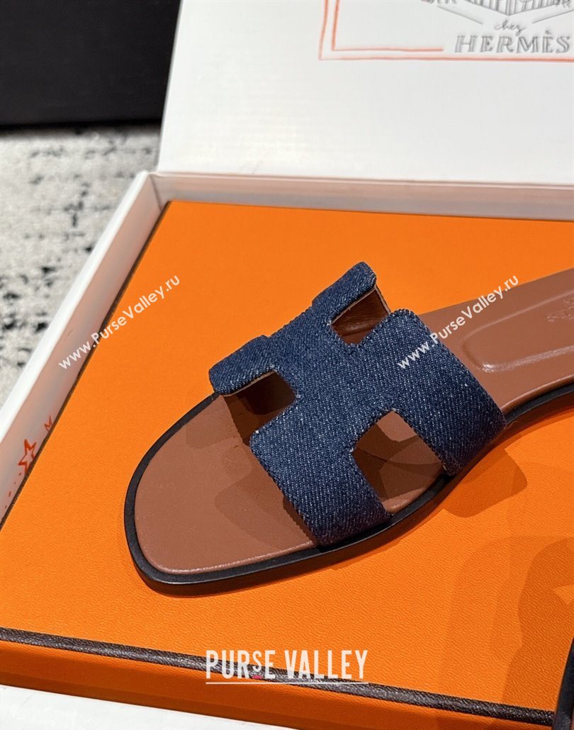 Hermes Classic Oran Flat Slides Sandal in Denim Navy Blue/Brown 2025 0606 (MD-250606173)