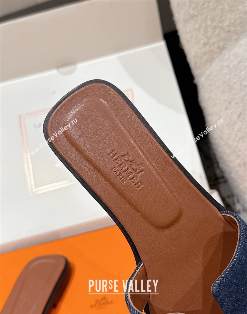 Hermes Classic Oran Flat Slides Sandal in Denim Navy Blue/Brown 2025 0606 (MD-250606173)