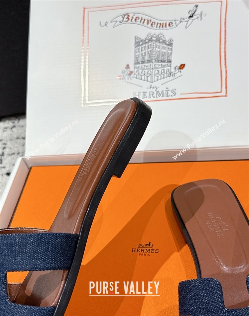 Hermes Classic Oran Flat Slides Sandal in Denim Navy Blue/Brown 2025 0606 (MD-250606173)