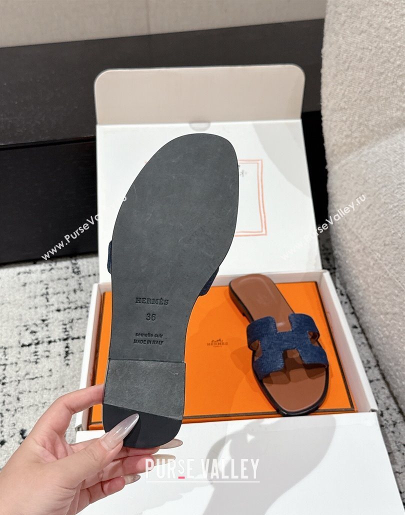 Hermes Classic Oran Flat Slides Sandal in Denim Navy Blue/Brown 2025 0606 (MD-250606173)