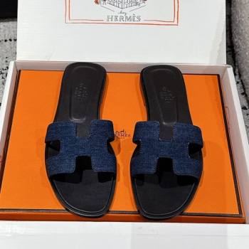 Hermes Classic Oran Flat Slides Sandal in Denim Navy Blue/Black 2025 0606 (MD-250606174)