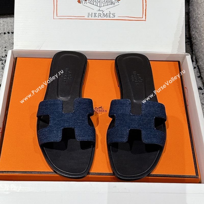 Hermes Classic Oran Flat Slides Sandal in Denim Navy Blue/Black 2025 0606 (MD-250606174)