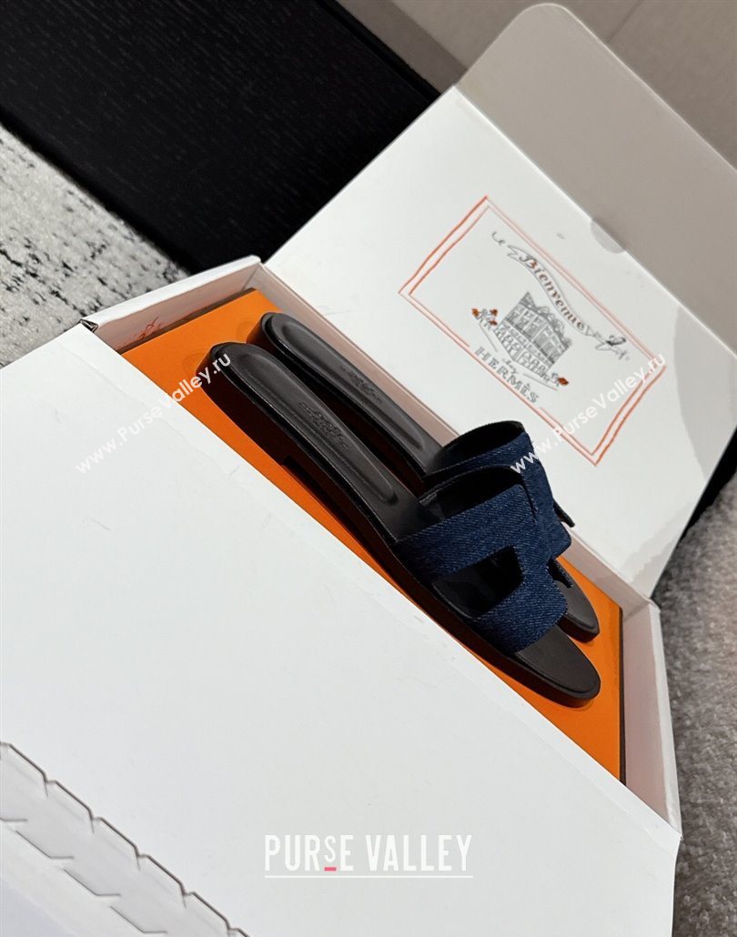 Hermes Classic Oran Flat Slides Sandal in Denim Navy Blue/Black 2025 0606 (MD-250606174)
