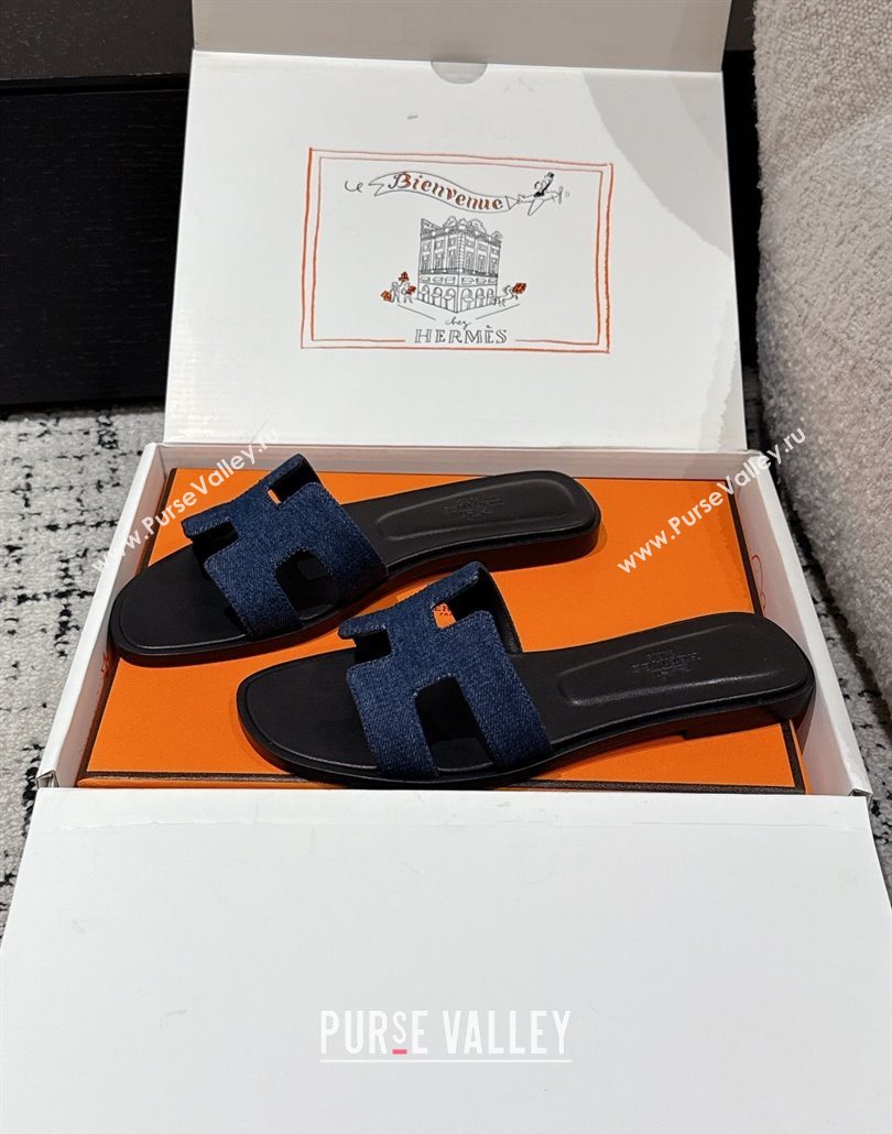Hermes Classic Oran Flat Slides Sandal in Denim Navy Blue/Black 2025 0606 (MD-250606174)