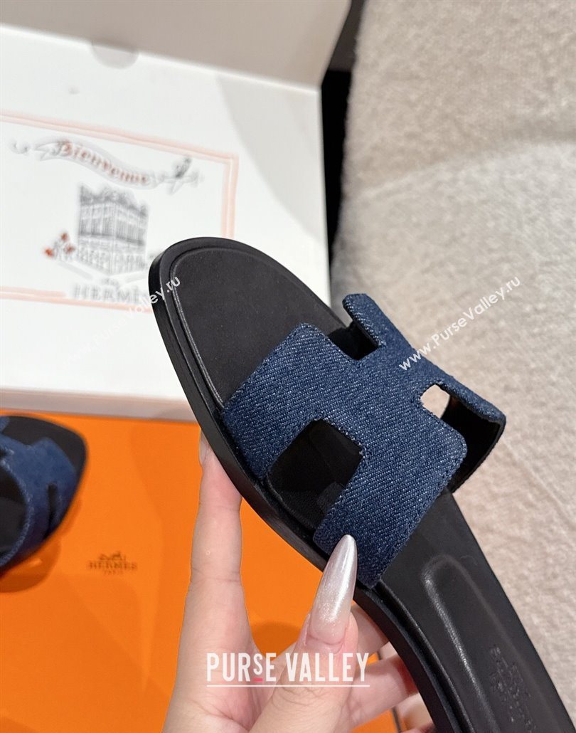 Hermes Classic Oran Flat Slides Sandal in Denim Navy Blue/Black 2025 0606 (MD-250606174)