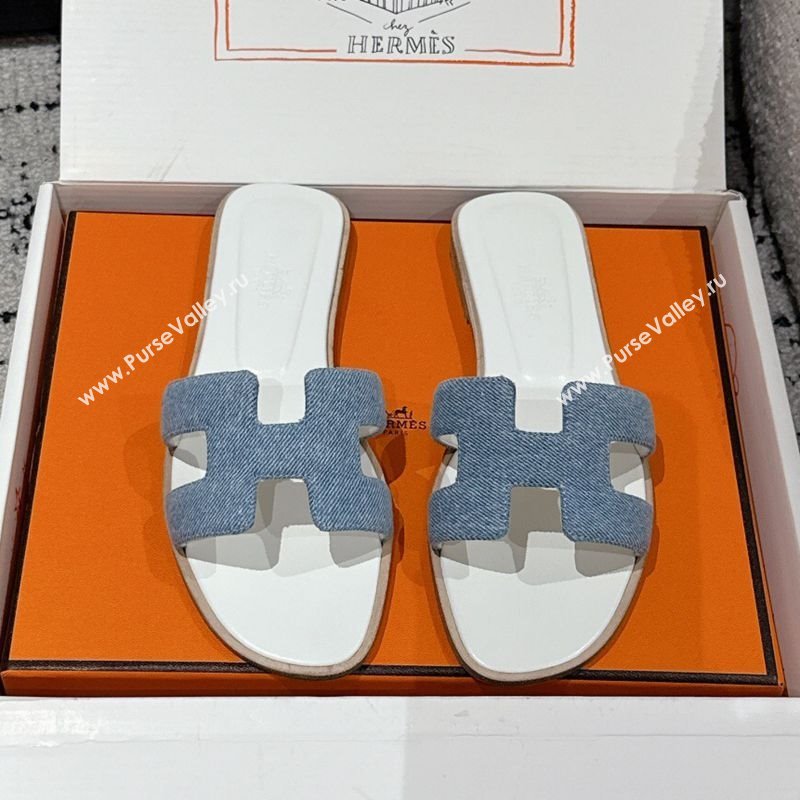 Hermes Classic Oran Flat Slides Sandal in Denim Light Blue 2025 0606 (MD-250606175)