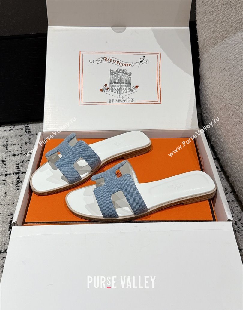 Hermes Classic Oran Flat Slides Sandal in Denim Light Blue 2025 0606 (MD-250606175)