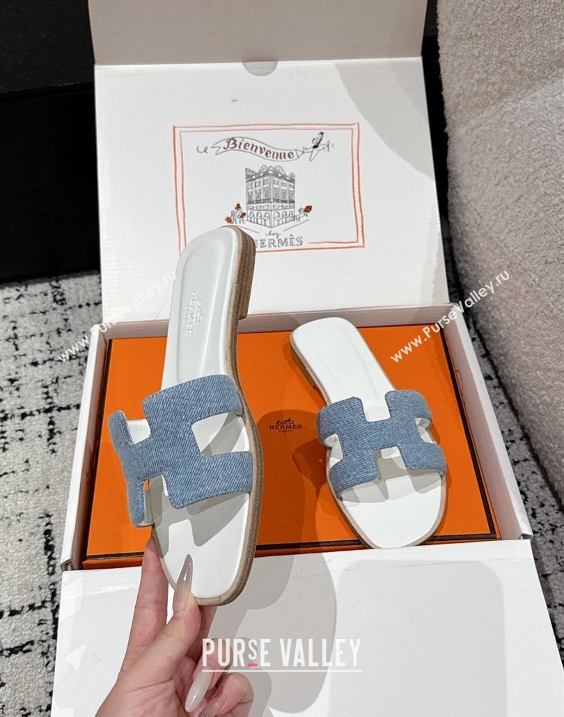 Hermes Classic Oran Flat Slides Sandal in Denim Light Blue 2025 0606 (MD-250606175)