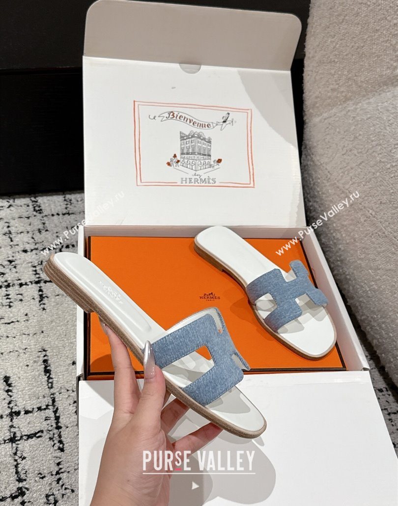 Hermes Classic Oran Flat Slides Sandal in Denim Light Blue 2025 0606 (MD-250606175)