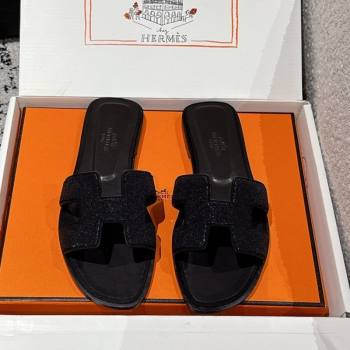 Hermes Classic Oran Flat Slides Sandal in Suede and Strass Black 1 2025 0606 (MD-250606176)