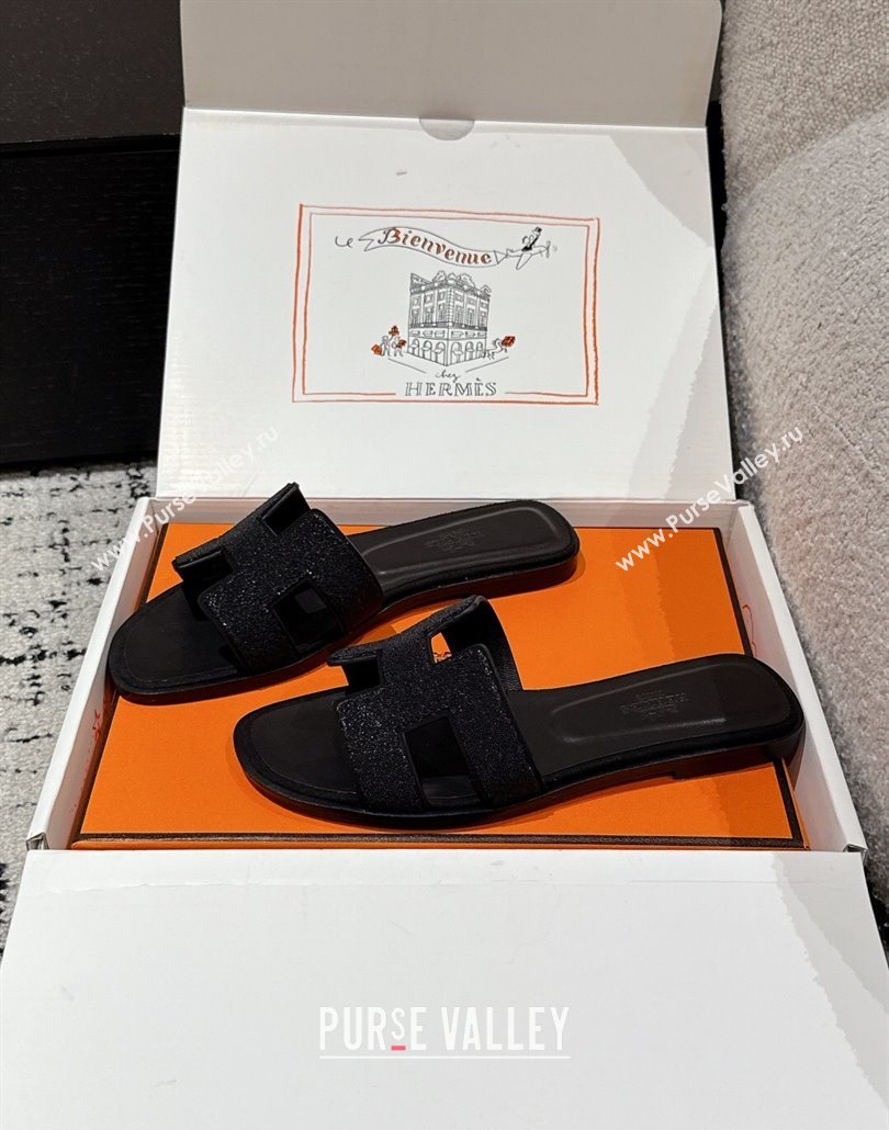 Hermes Classic Oran Flat Slides Sandal in Suede and Strass Black 1 2025 0606 (MD-250606176)