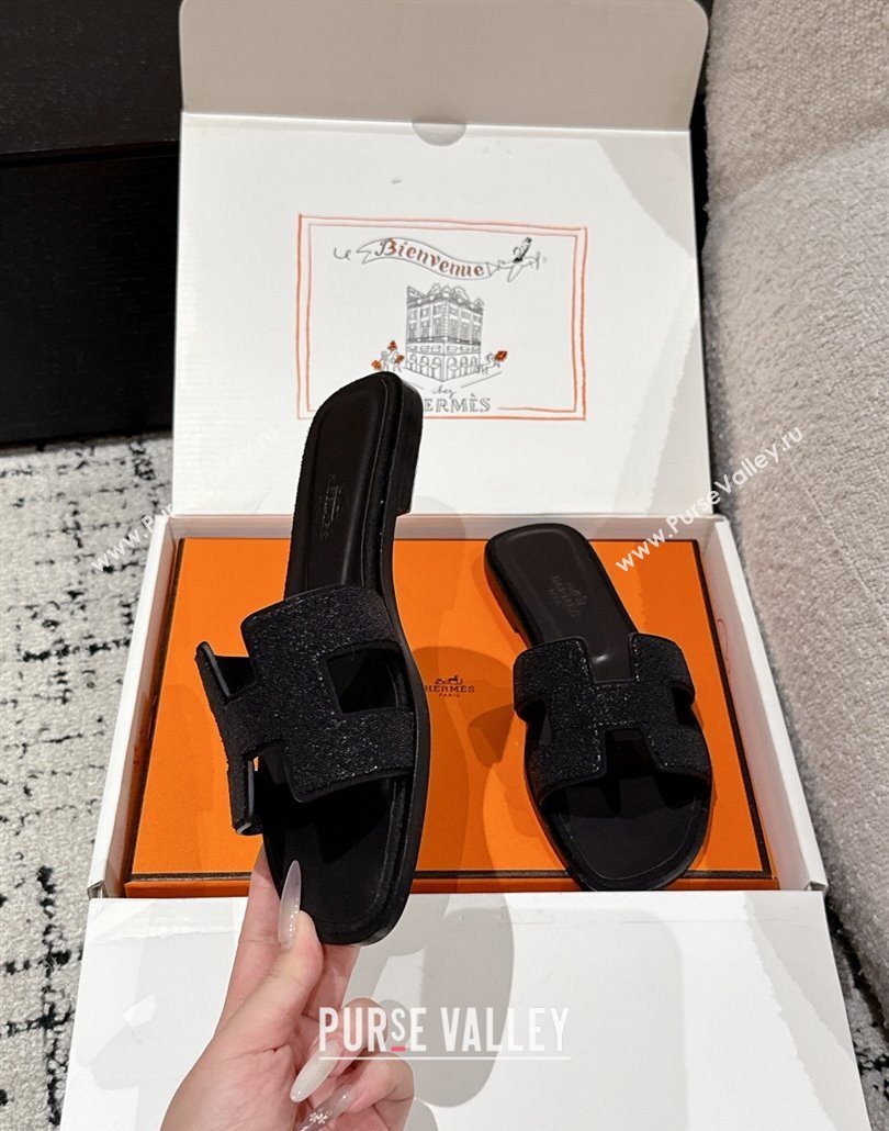 Hermes Classic Oran Flat Slides Sandal in Suede and Strass Black 1 2025 0606 (MD-250606176)