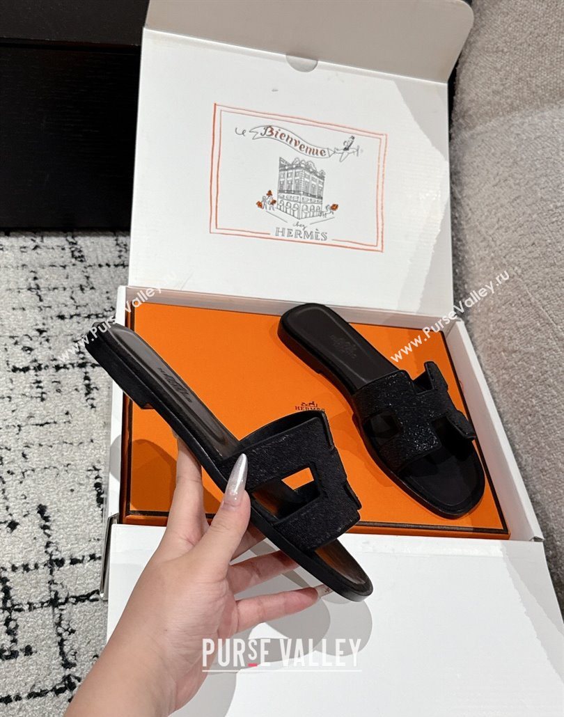 Hermes Classic Oran Flat Slides Sandal in Suede and Strass Black 1 2025 0606 (MD-250606176)