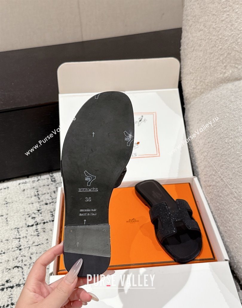 Hermes Classic Oran Flat Slides Sandal in Suede and Strass Black 1 2025 0606 (MD-250606176)